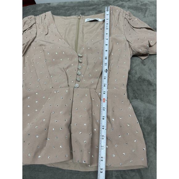 Self Portrait Blush Pink Crystal Button Crepe Blouse Peplum Long Sleeve sz 4 - Picture 13 of 14